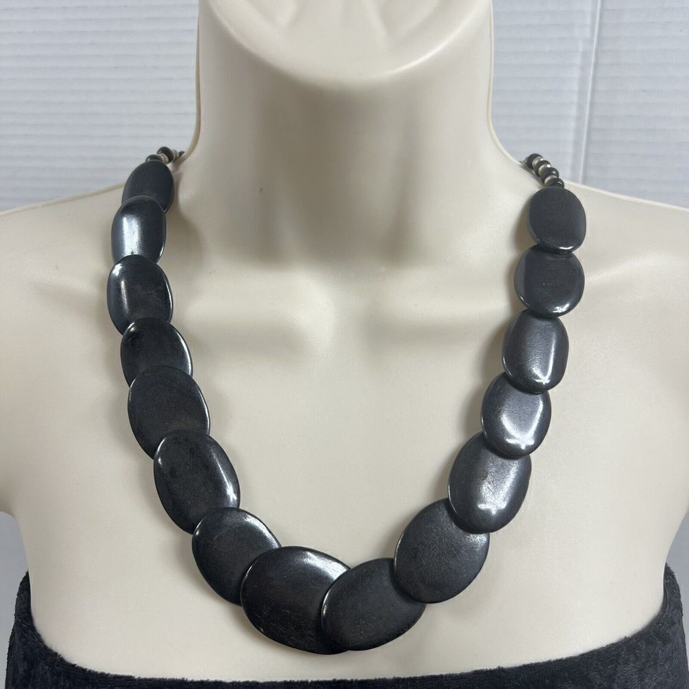 Vintage Bone Bead Necklace Large Statement Necklace Oval Flat Beads Tribal Boho